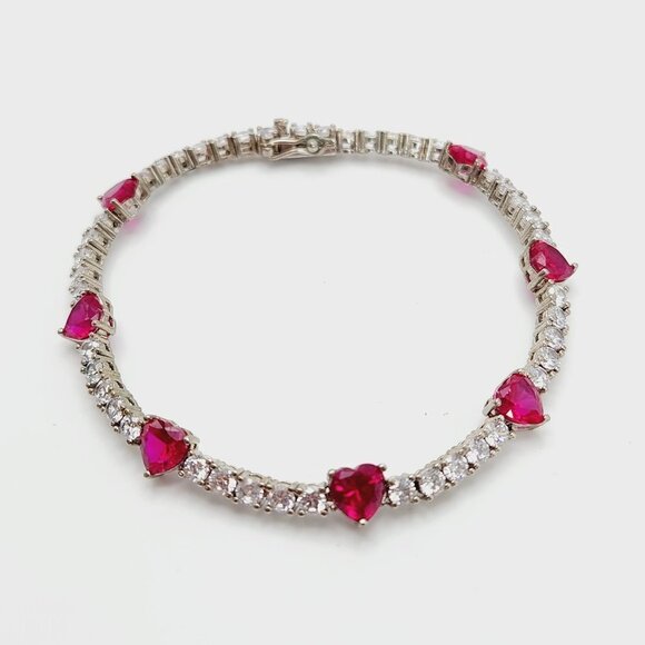 Sun BR Ruby and CZ Sparkly Heart Love Silver Plated Tennis Bracelet - Picture 1 of 6
